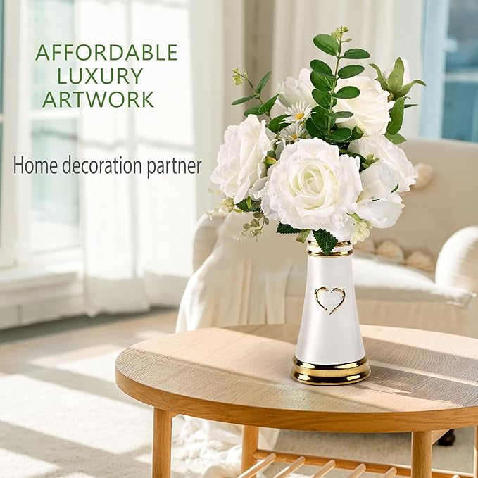 LoveLin Artificial Faux Flowers with Ceramic Vases，Affordable Luxury Artwork，Housewarming New Year Xmas Box for Wife Father，Living Dining Room Bedroom Office Hotel Home Decor White