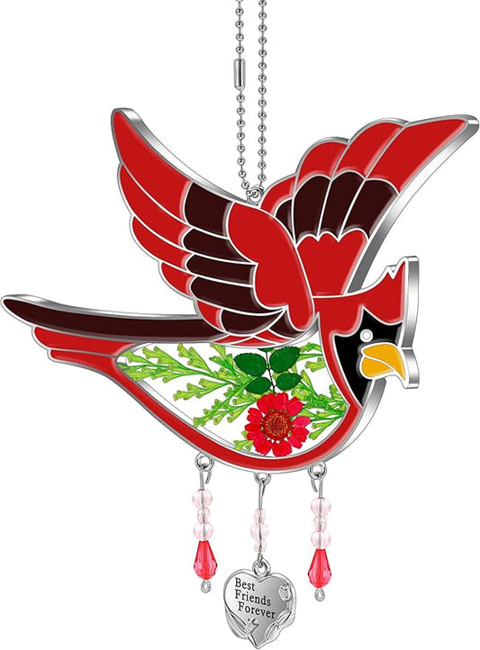 KY&BOSAM Best Friend Forever Cardinal Suncatcher Gifts for Friend Hand-Painted Garden Ornament Hanging Wind Chime with Pressed Flower Cardinal Embedded in Glass Mother`s Day Birthday Christmas