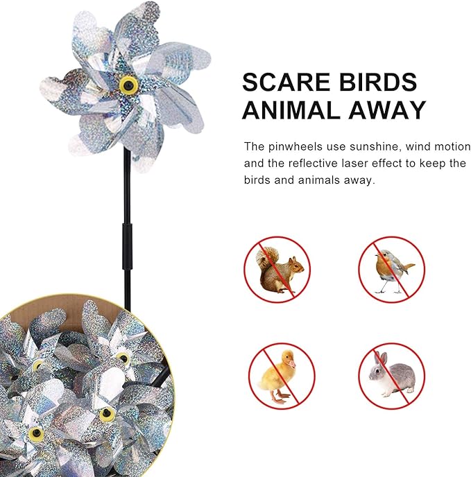 BATTIFE 10 Pack Reflective Pinwheels for Yard and Garden, Pre-Installed Sparkly Silver Blind Birds Pin Wheel, Scare Birds & Animal Away Wind Spinner