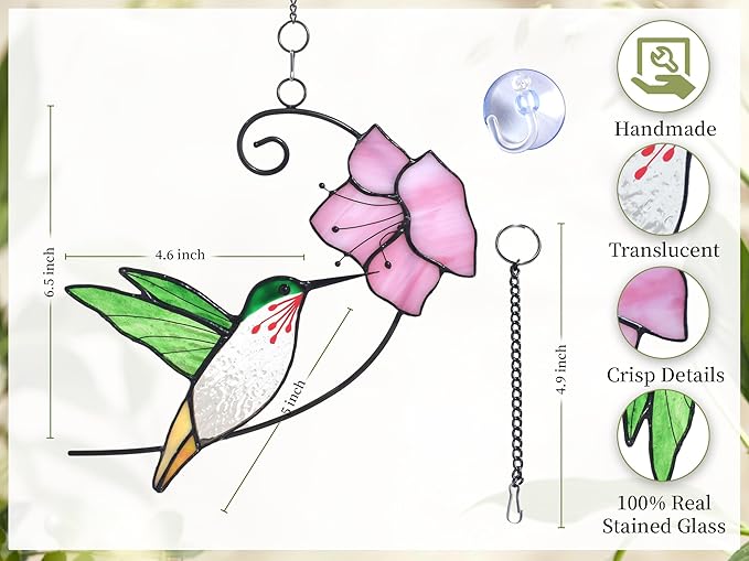 Lolitarcrafts Hummingbird with Flower Stained Glass Suncatcher Bird Stained Glass Window Hangings Hummingbird Gift for Home Decor (Green with Flower)