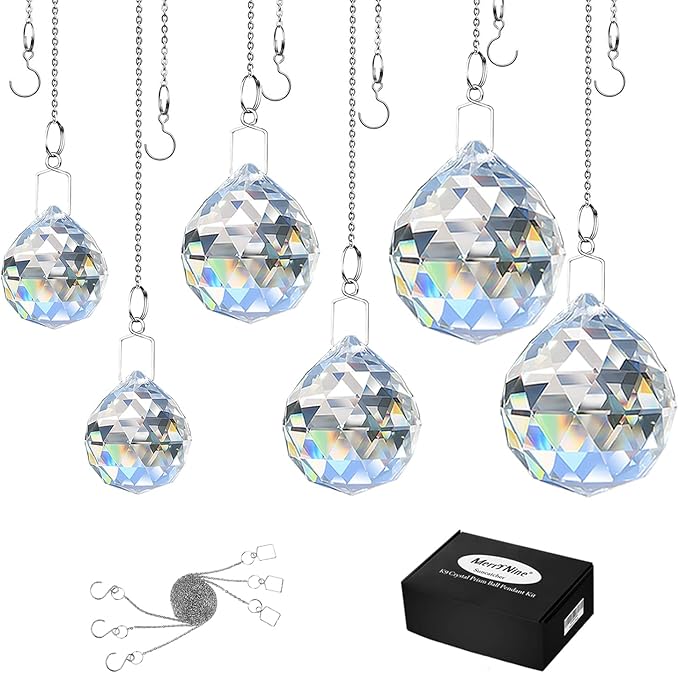 MerryNine 6 Pcs Clear Crystal Ball Prism Sun Shine Catcher Rainbow Pendants Maker, Hanging Crystals Prisms for Windows, for Feng Shui (30mm/40mm/50mm 6Pack)