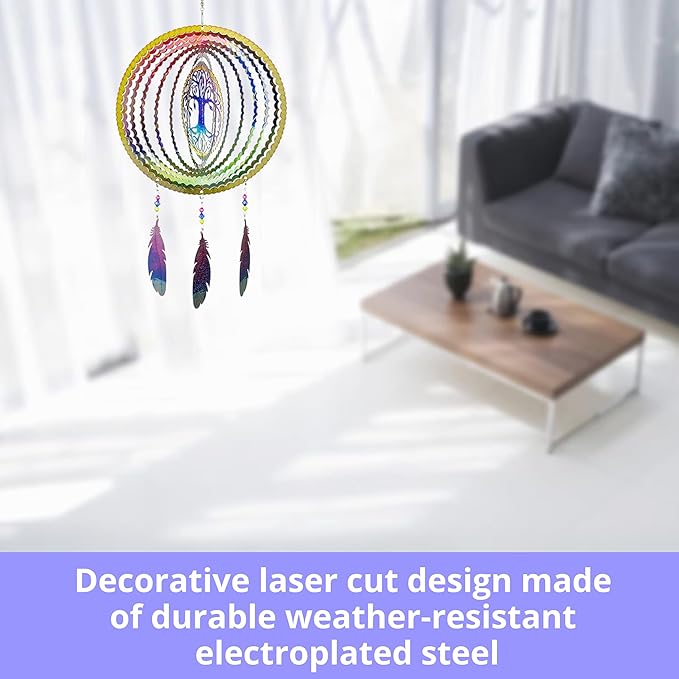 VP Home Tree of Life Dreamcatcher with Feathers Kinetic Wind Spinners - Native American Garden Decor - Sculpture Spinner for Yard and Garden Outdoor - Metal Large Hanging Dreamcatcher - 10"W x 16.5"H