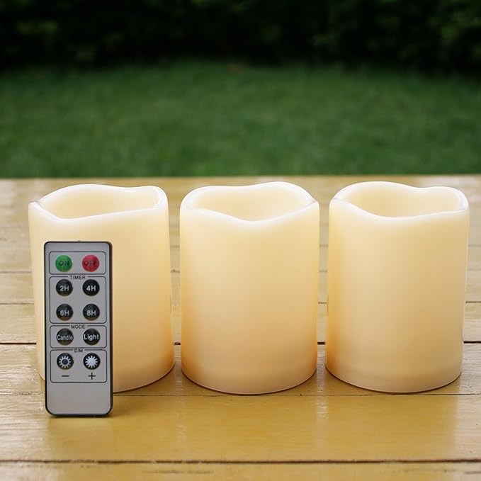 iZAN 3-Pack Outdoor Flameless LED Battery Operated Candles with Remote Waterproof Flickering Electric Pillar Candles for Halloween Chirstmas Home Wedding Party Festival Décor Long Battery Life 3”x4”