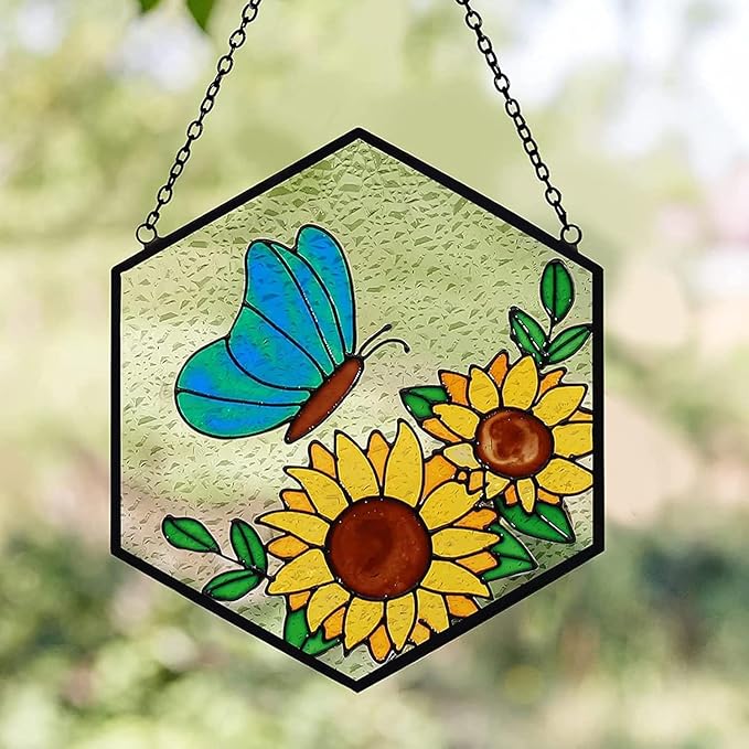 Stained Glass Butterfly Sunflower Suncatcher Window Hanging Ornament, Light Transmission Hand Paint Sun Catchers for Women Gifts, for Lover