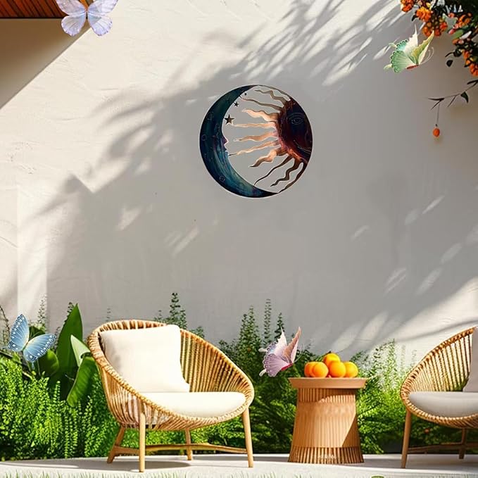 Jannity Metal Sun Wall Decor,11.02 Inches Large Metal Wall Art with Sun Moon Stars Retro Moon Sun Wall Decoration Hanging for Indoor Outdoor Patio Yard Home Garden
