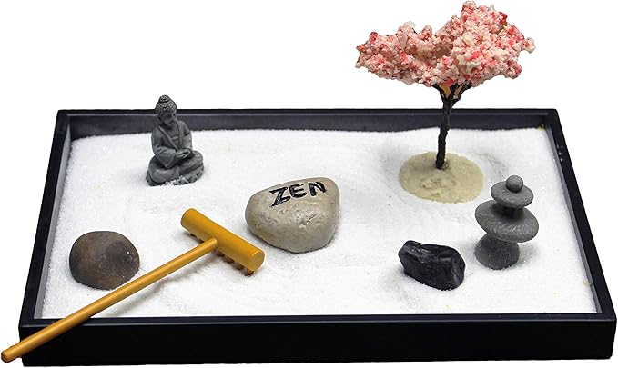Nature's Mark Mini Zen Garden Kit for Desk with Rake, White Sand, Buddha, Lantern, Black Rectangle Base, River Rocks and Mini Blossom Tree (8Lx5W C)