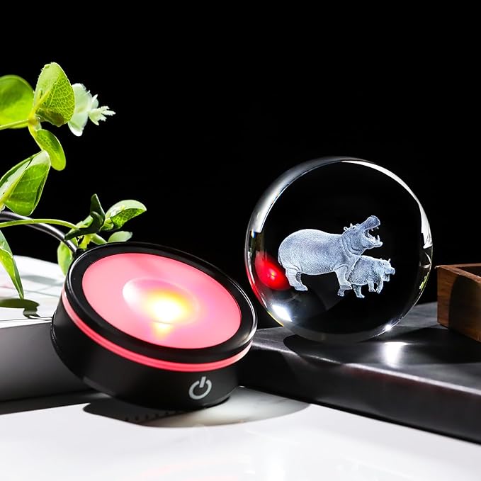 YWHL 3D Hippo Crystal Ball Figurine with LED Base Laser Hippopotamus Gifts for Women Men on Christmas Birthday Decorative Hippo Ball Glass Hippopotamus Globe Night Light for Home Decor (80mm)