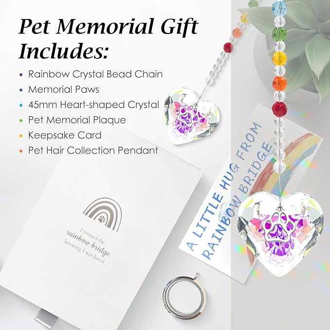 Pet Memorial Gifts for Dogs Rainbow Bridge Dog Memorial Gifts for Loss of Dog Rainbow Maker Heart-Shaped Crystal Suncatcher with Sympathy Card Dog Memorial Ornament Windows Hanging Decor