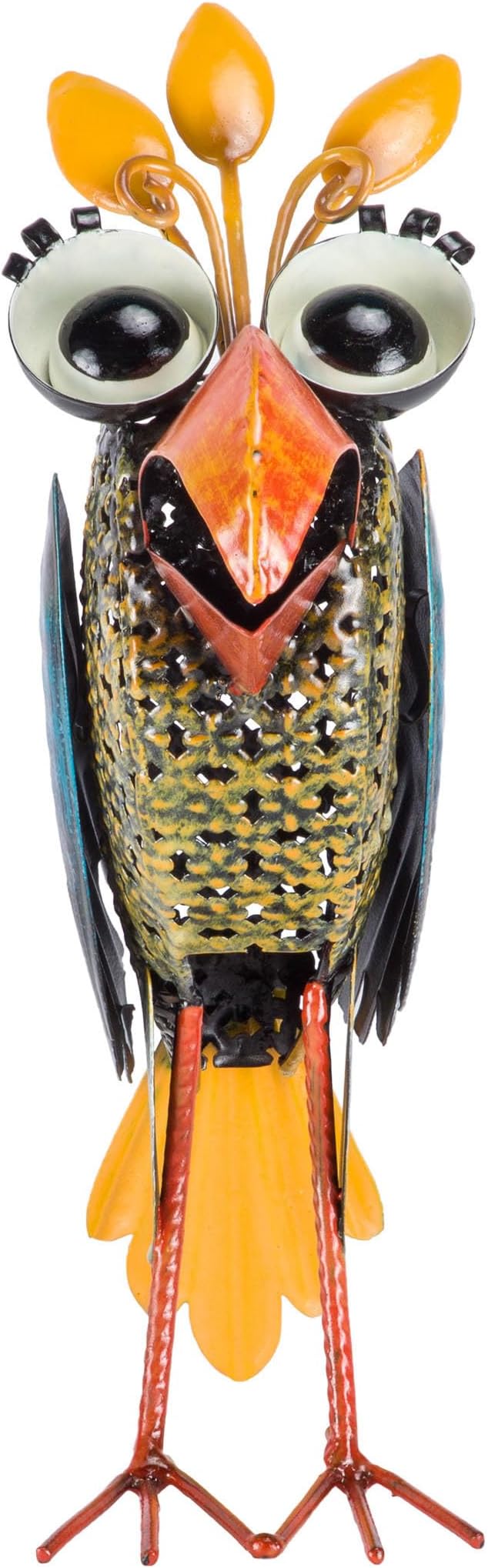 Alpine Corporation 12" Tall Outdoor Metal Wide-Eyed Bird Standing Yard Statue Decoration, Multicolor