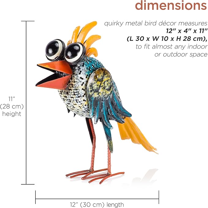 Alpine Corporation 11" Tall Outdoor Metal Wide-Eyed Bird Standing Yard Statue Decoration, Multicolor