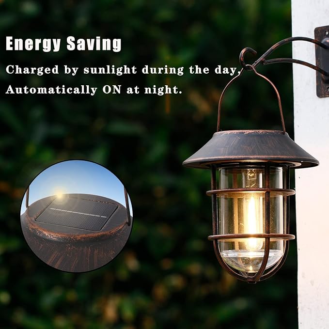 Solar Lantern Outdoor Hanging Solar Lights, Waterproof Metal Solar Outdoor Lights with Clear Glass, LED Edison Bulbs Cordless Decorative Aluminum Wall Lantern with Hooks, Bronze