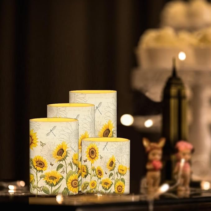 Flameless LED Candles Electric Candle Set with Remote Timer Color Changing Control Long Lasting for Table Centerpiece Home Indoor Decoration Pack of 4, Sunflower Dragonfly Retro