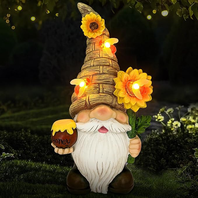 Uniboho Garden Gnome Statue Outdoor Garden Decor Large Resin Sunflower Gnome Holding Honey Jar with Solar Bee Lights for Garden Yard Decorations Patio Lawn Outside Porch Lawn Decor Gnomes Gifts 12"