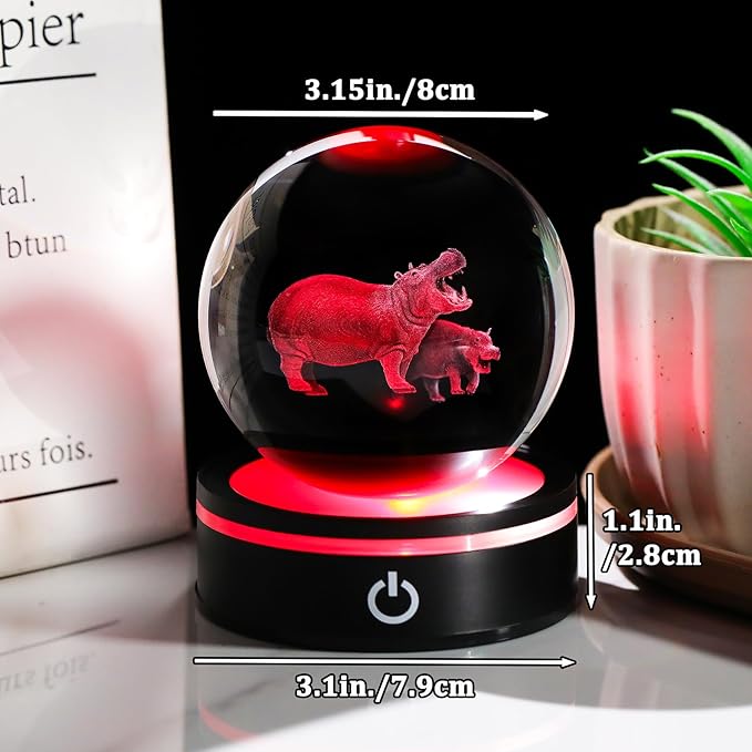 YWHL 3D Hippo Crystal Ball Figurine with LED Base Laser Hippopotamus Gifts for Women Men on Christmas Birthday Decorative Hippo Ball Glass Hippopotamus Globe Night Light for Home Decor (80mm)