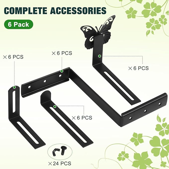 Planter Box Brackets, Adjustable Window Boxes Planters Brackets with Butterfly, Hanging Flower Box Stand Hooks for Deck Railing Pergola Balcony Garden - 6 pack