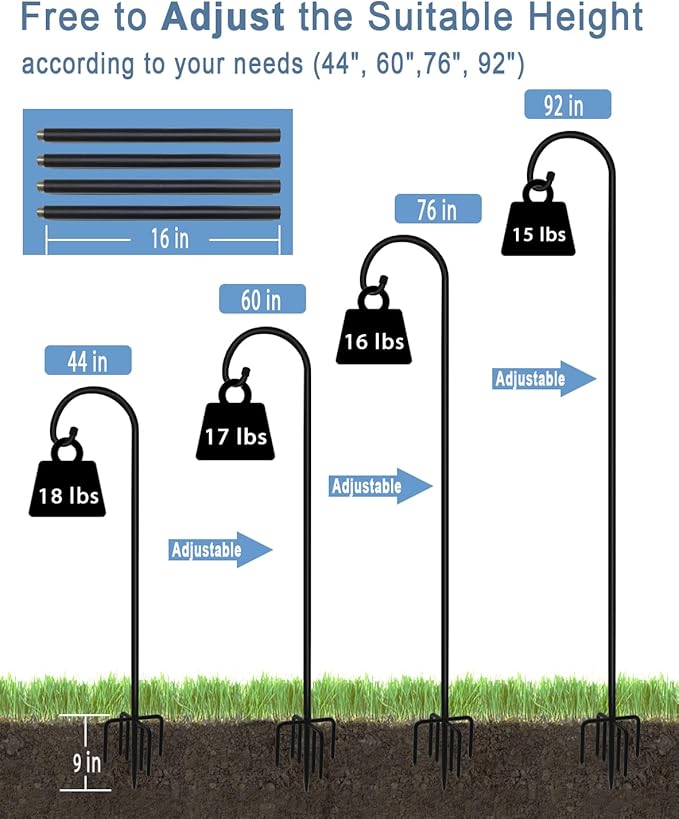 92 inch Outdoor Shepherd Hook with 5 Prong Base (2 Packs), Adjustable Heavy Duty Garden Hanging Stake for Bird Feeder Solar Light Plant Hanger Wedding Decor, Matte Black