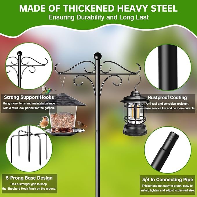 Shepherds Hooks for Outdoor, 108 Inch Heavy Duty Bird Feeder Pole with 5 Prongs Base, Adjustable Shepherds Hook for Hanging Birdhouses, Lanterns, Plant Baskets, Wind Chimes