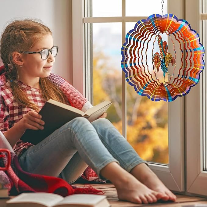 Rooster Wind Spinners Outdoor, 3D Hanging Wind Spinners Outdoor Metal Rooster Decor Chicken Gifts for Women Mom Hanging Chicken Decor, 12" Wind Spinners for Yard Garden Porch Outdoor