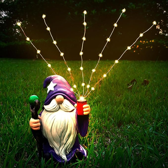 Resin Gnome Statue Outdoor Decor Waterproof Firework Solar LED Lights Gnome Garden Sculpture Decorations for Outside Lawn Patio Yard Ornament Gifts (Gnome)