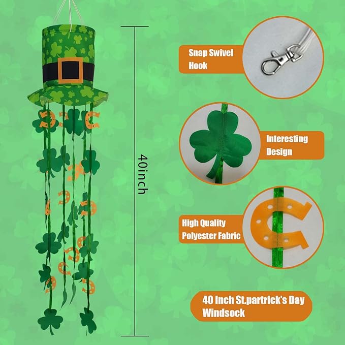 St. Patrick Windsock 40 Inch Holiday Wind Socks for Yard Seasonal Windsocks St Patricks Day Decorations Outdoor Clearance