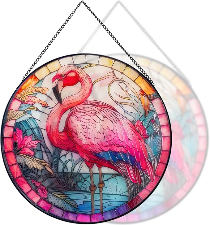 RIVEENY Flamingos Sun Catcher Stained Glass,8" Flamingos Gifts for Women,Stained Glass Window Hanging,Red Birds Sun Catchers for Windows, Hand Painted Glass for Birds Lover