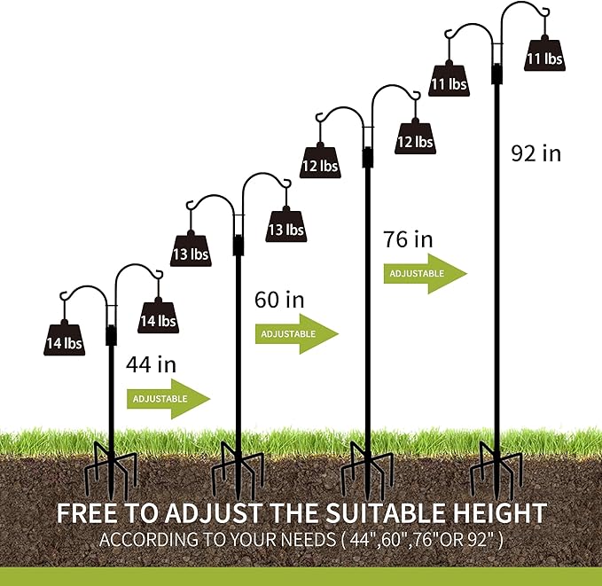 XDW-GIFTS Double Shepherds Hooks for Outdoor, 2-Pack Heavy Duty Garden Pole for Hanging Bird Feeder, Plant Baskets, Solar Light Lanterns, Garden Plant Hanger Stands with 5 Base Prongs