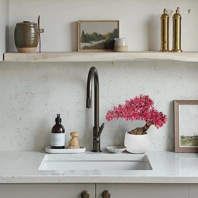 DILATATA Fake Bonsai Tree Zen Juniper Bonsai Plant 10” Tall Artificial Bonsai Trees with White Ceramic Pot Decorated with Pebbles Desk Plant Indoor Bonsai for Home Office Decor Pink