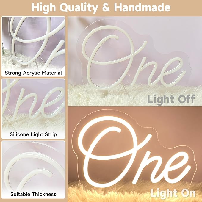One Neon Sign for First Birthday, LED Neon Lights One Table Number Neon Light Lamp for Home Birthday Party Decor Photo Prop Christmas Gift