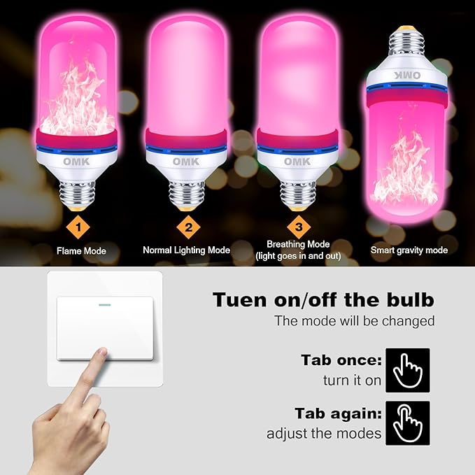 OMK 【Upgraded Pink Smaller LED Flame Light Bulbs - Flickering Light Bulbs with Gravity Sensing, E26 Base Fire Light Bulb, Indoor Outdoor Light Bulbs, Holiday Christmas Vintage Flame Bulb Decorations