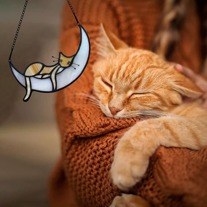 BOXCASA Sleeping Cat Stained Glass Windown Hanging,Yellow Cat on Moon Beautiful Handcrafted Sun Catcher Gifts for Daughter,Mothers Day,Christmas and Cat Lover