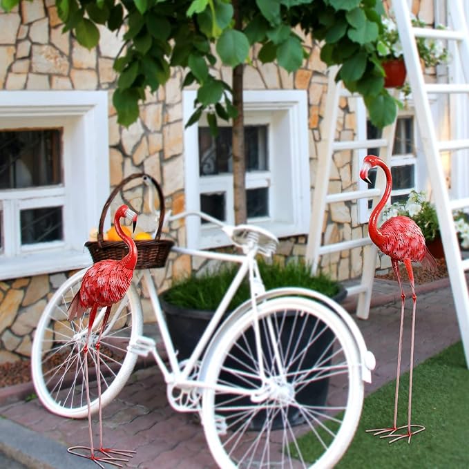 XONOR Metal Flamingo Garden Statues Large Red Flamingo Yard Art Outdoor Sculptures for Home Patio Lawn Backyard Décor, Set of 3