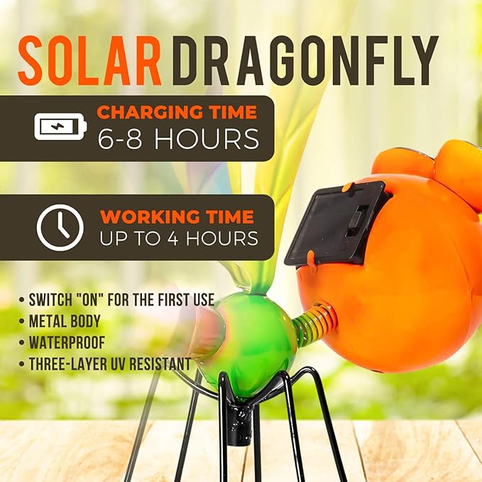 Shefio Dragonfly Solar Light - Metal Yard Art - Add Whimsy To Your Garden - Solar Yard Decorations - Outdoor Decor