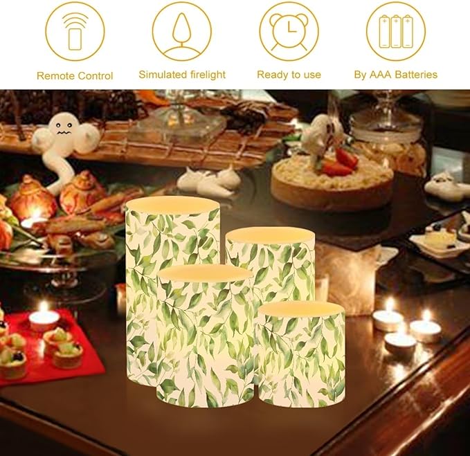 Flameless Candles Battery Powered LED Pillar Candles Tealights with Remote Timer Color Changing Control for Indoor Outdoor Home Desktop Decor Set of 4, Green Leaf White