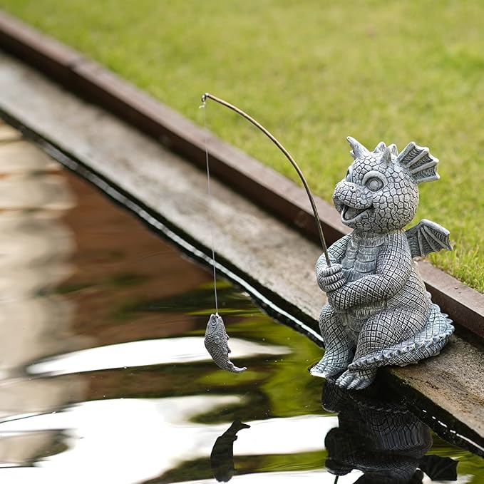 Goodeco Dragon Statue Garden Decor - Adorable Baby Fishing Dragon Figurines Outdoor Statues for Koi Pond/Fairy Garden Accessories,Gardening Gifts for Women 5.1 * 8.5 in