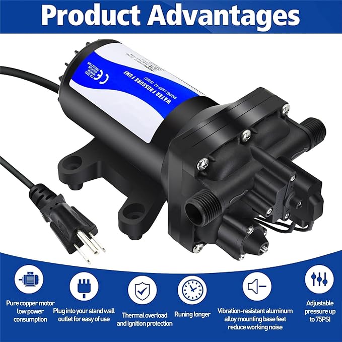 Water Pressure Booster Pump 110v Diapphragm Pump Inline Water Pump 75psi 5.5 GPM Self Priming RV Water Pump for Kitchen, Bathroom, RV, Marine Yacht, Caravan, Garden