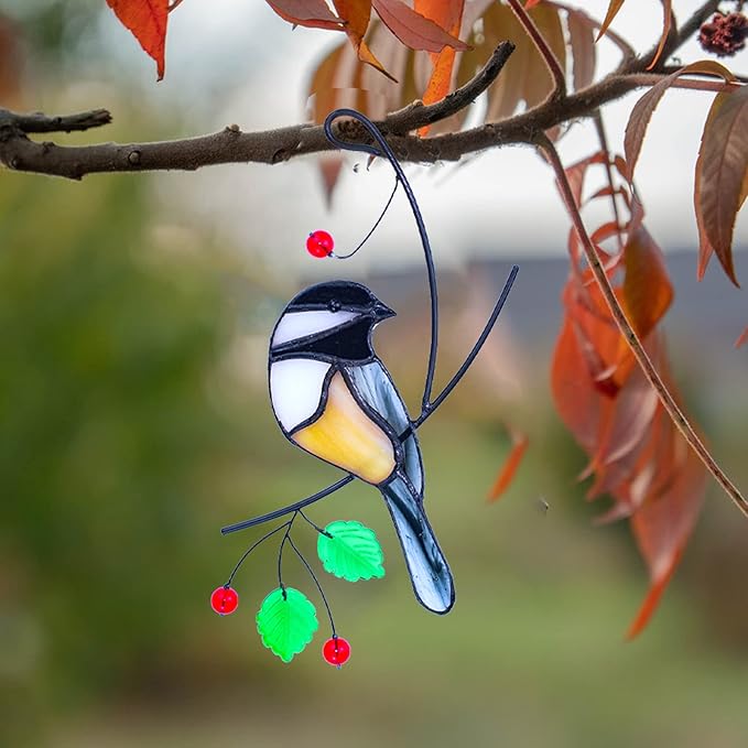 Lolitarcrafts Chickadee Stained Glass Suncatcher Bird Stained Glass Window Hangings for Window Decoration