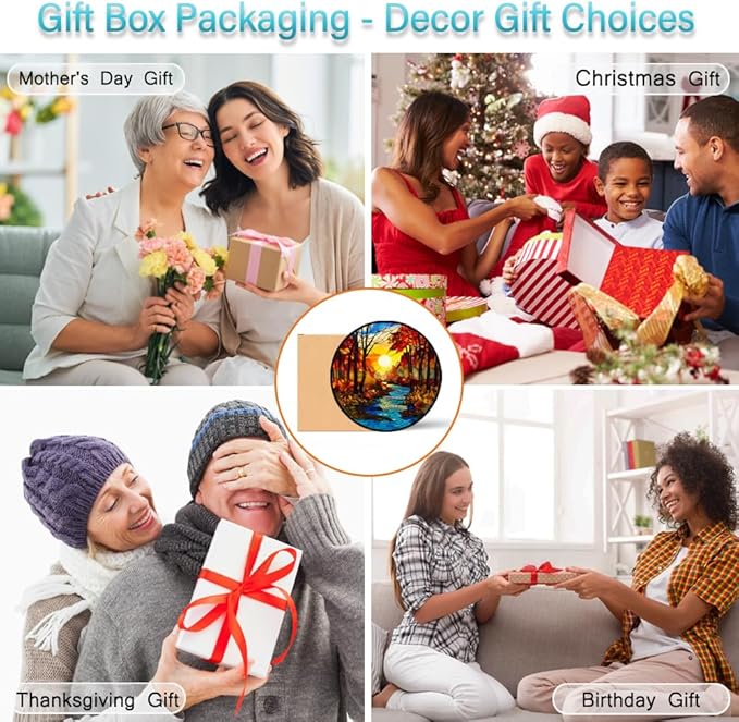 Sunrise Tree and River Landscape Stained Glass Suncatcher for Window Hanging - Sunrise Painting Sun Catcher Window Ornaments with Metal Chain and Hook - Decor Gift for Mom Wife Husband Nature Lovers