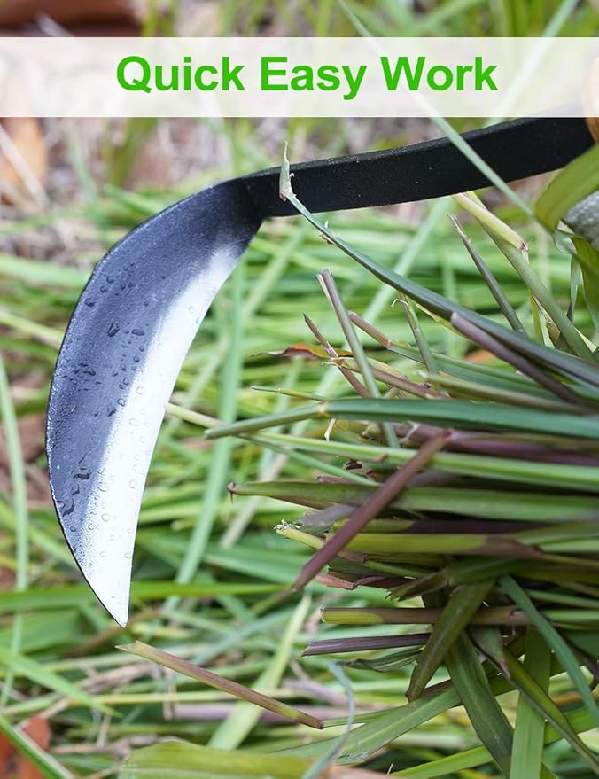TOYPOPOR Japanese Weeding Sickle Hoe, 11" Gardening Hand Weeder Nejiri Kama Blade Tool Digging Cutting Weed Remover, High-Carbon Steel One-Piece Molding with Wood Handle, Very Sharp Edge Quick Work