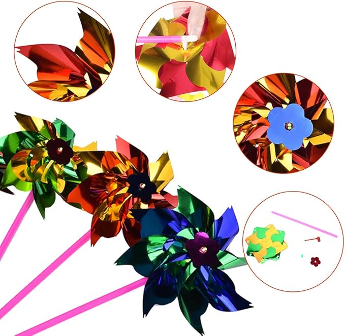 JOHOUSE 100pc Rainbow Pinwheels, Party Pinwheels DIY Windmill Set for Kids Toy Garden Lawn Decor