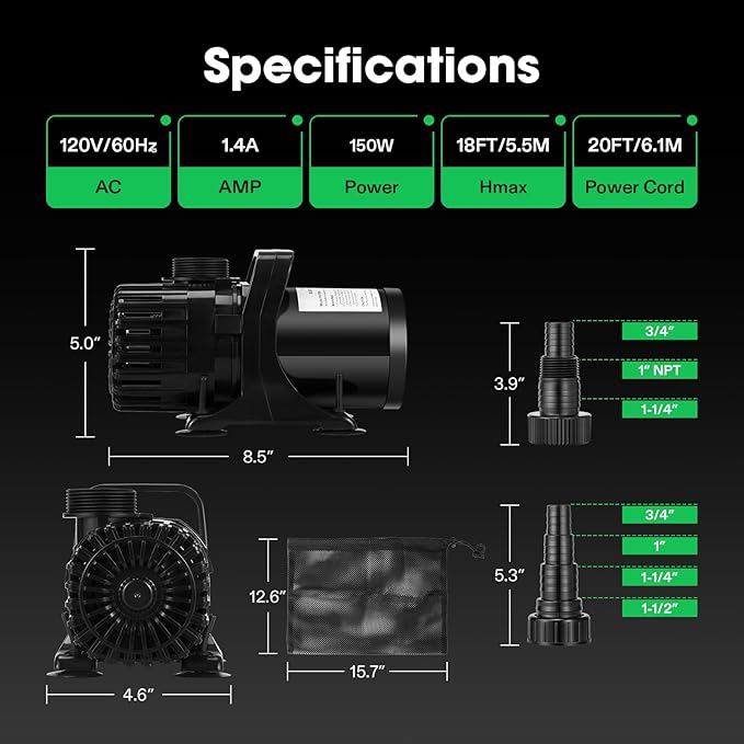 VIVOSUN 3000 GPH Submersible Water Pump with Barrier Bag, 150W Pond Pump with 18FT. Lift Height, Ultra Quiet Aquarium Pump for Pond, Waterfall, Fish Tank, Statuary, Hydroponic