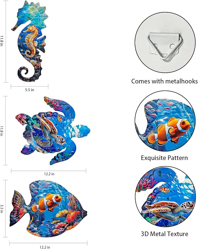 LIFFY Metal Fish Wall Decor Fish Metal Wall Art Ocean Themed Sea Turtle Fish Seahorse Coastal Wall Sculpture, Nautical Outdoor Decor For Garden, Fence, Patio, Pool,Beach,Bathroom (3 Pcs)