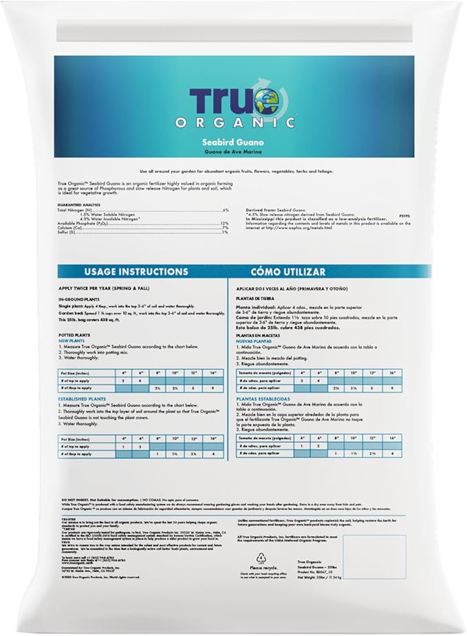True Organic Seabird Guano – Organic Fertilizer for Abundant Fruits, Flowers, Vegetables, and Foliage – 25lb Bag Covers 438 Sq. Ft.