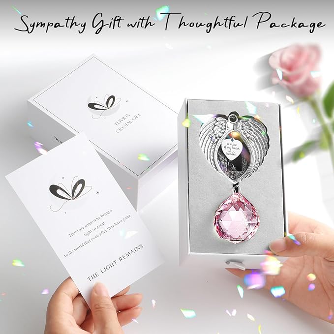 Sympathy Gift Modern Grief Gift for Lose of Loved Ones, Memorial Suncatcher with 40mm Crystal Ball, Sorry for Your Lose Rainbow Maker, Bereavement Gift Idea Angel Wings Design, Pink
