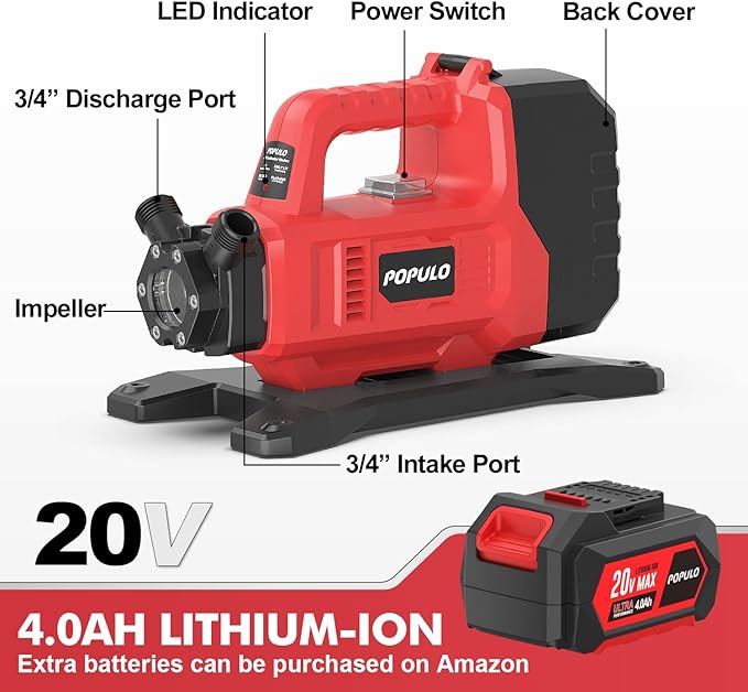POPULO Hybrid Water Transfer Pump, 20V or 120V Portable Cordless Utility Pump, Upgraded 325 GPH Electric Transfer Water Pump with 4.0Ah Battery for Rain Barrel, RV, Tank, Irrigation, Ponds, Garden