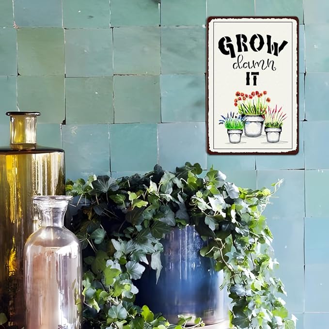 Artlunar Funny Garden Plant Flower Sign Outside Yard Art Decor - Grow Damn It, 12" x 8" (993)