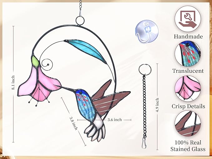 Lolitarcrafts Stained Glass Hummingbird Window Hangings with Flowers, Bird Stained Glass Suncatcher for Window Decor Hummingbird Gifts for Mom,Bird Lovers (Blue with Flower B)