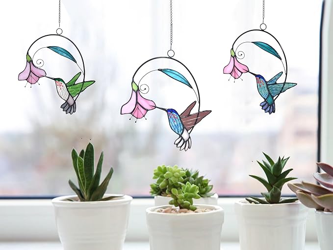 Lolitarcrafts Stained Glass Hummingbird Window Hangings with Flowers, Bird Stained Glass Suncatcher for Window Decor Hummingbird Gifts for Mom,Bird Lovers (Blue with Flower A)