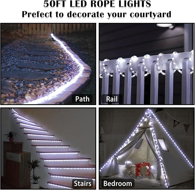 50Ft 600 LED Rope Lights Outdoor, White Flexible Tube Light Waterproof Plug in 8 Modes Timer Memory, Permanent String Lights for Tree,Pool, Bedroom, Fence, Garden, Indoor, Outside Decorations