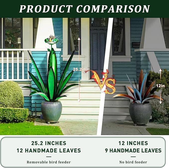 Upgraded Large Metal Yard Art, Metal Agave Plant Yard Decorations Outdoor Sculpture, Metal Flowers for Outside, Waterproof Outdoor Garden Decor (Yellow + Bird Feeder)