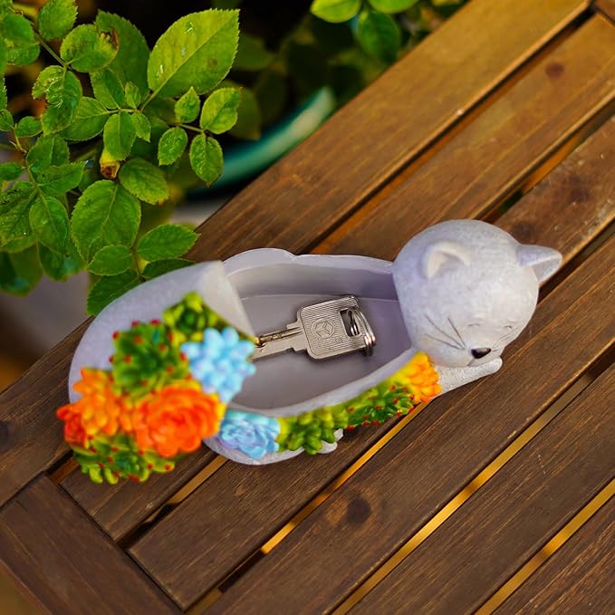 Outdoor Cat Key Hider Statue - Cute Succulent Cat Hide a Key Outdoor Decorative - Small Gift Box for Women, Home Decor & Cat Gifts (Cat)